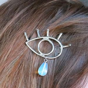 Evil Eye Hair Clip with Opalite Teardrop, Silver